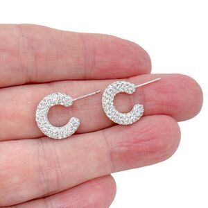 Estate Sterling Silver 925 Rhinestone Pave Hoop Earrings